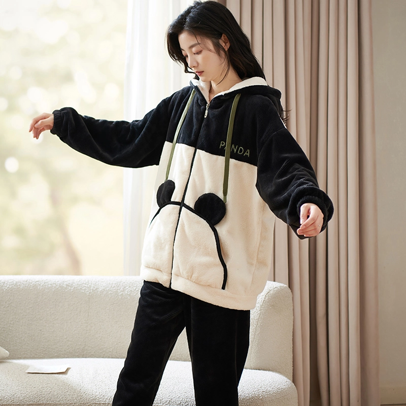 小情歌 家居服睡衣 珊瑚绒保暖睡衣女秋冬家居服女冬季大码长袖长裤女士连帽家居套装 女款 黑白拼接