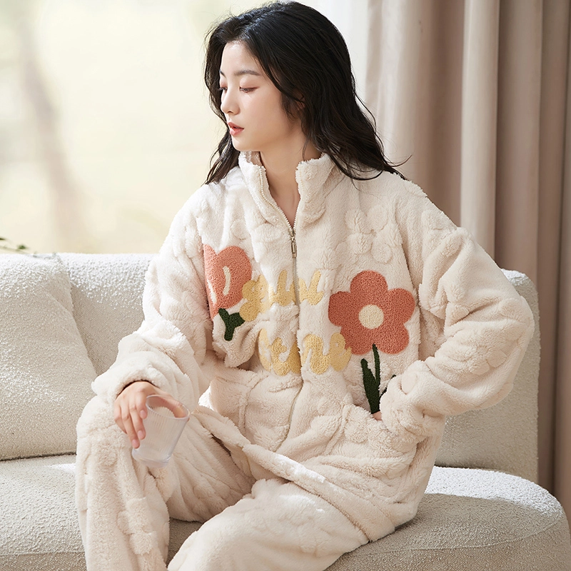 小情歌 家居服睡衣 珊瑚绒保暖睡衣女秋冬家居服女冬季大码长袖长裤女士小清新风花朵设计家居套装 女款 米白色