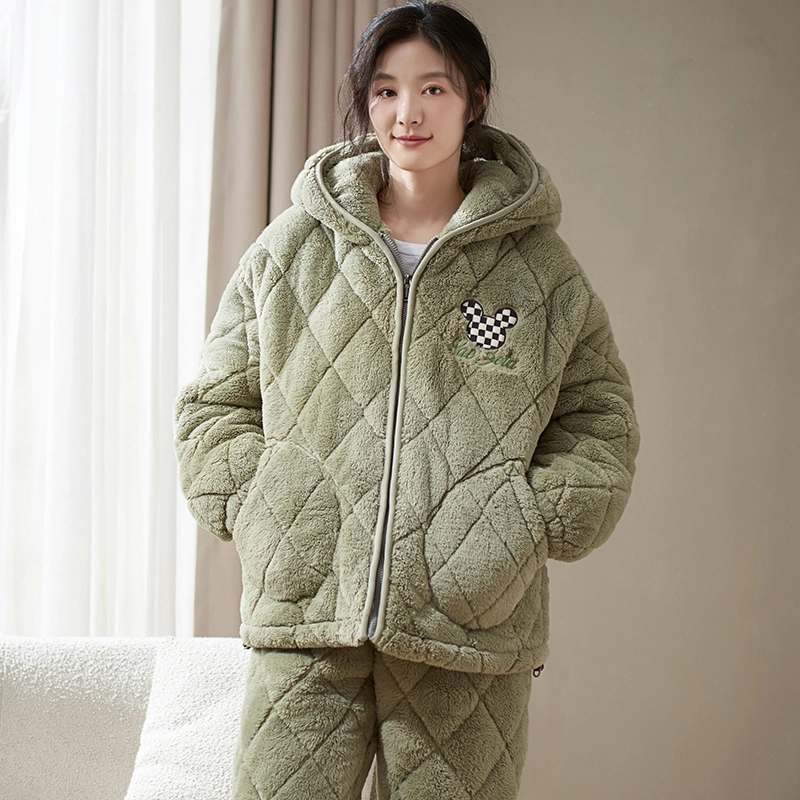 小情歌 家居服睡衣 珊瑚绒三层加绒加厚夹棉保暖睡衣女秋冬家居服女冬季长袖长裤女士家居套装 女款 抹茶色