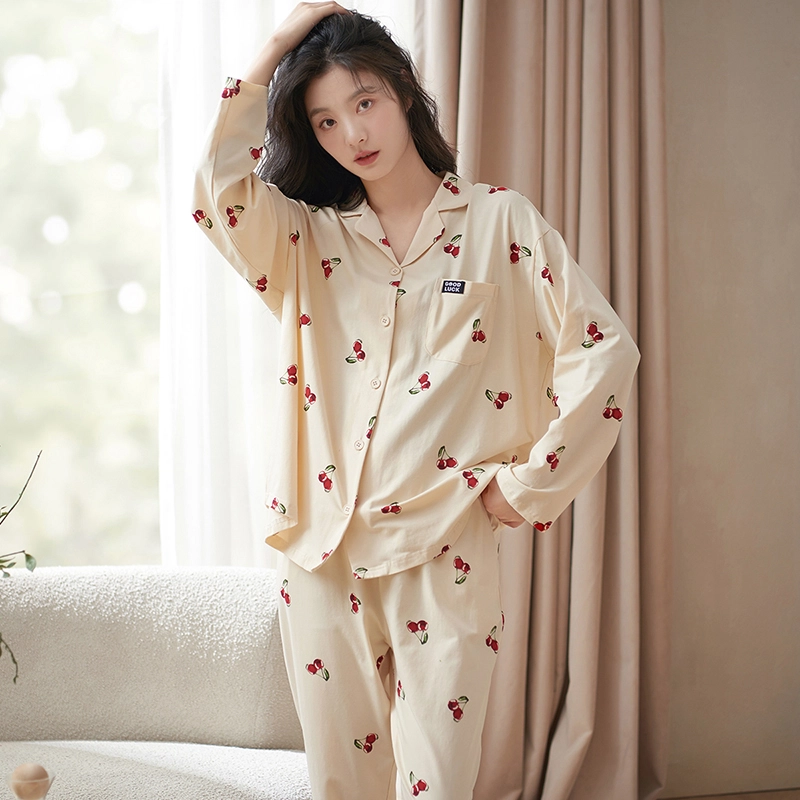 小情歌 家居服睡衣 纯棉睡衣女春秋季家居服女春秋款长袖长裤宽松套装设计 女款 米白色 家居套装