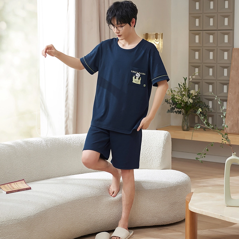 小情歌 家居服睡衣 纯棉睡衣男夏季款短袖短裤家居套装 胸前口袋装饰设计 男款 藏青色