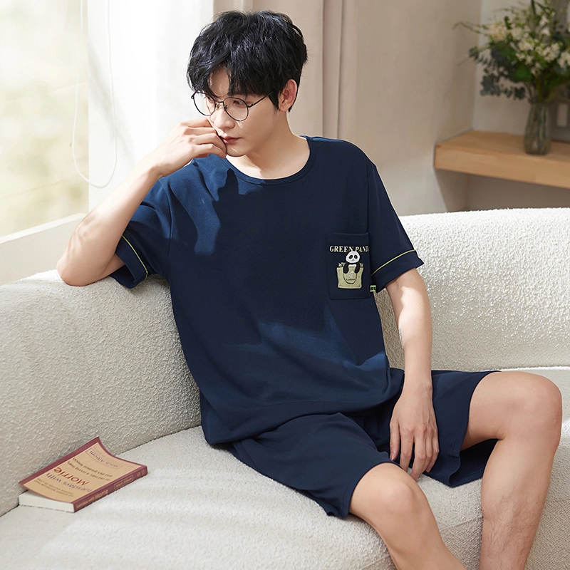 小情歌 家居服睡衣 纯棉睡衣男夏季款短袖短裤家居套装 胸前口袋装饰设计 男款 藏青色