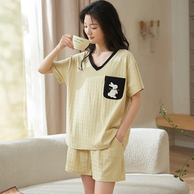小情歌 家居服睡衣 短袖短裤睡衣女夏季家居服女夏款纯棉家居套装 千鸟格压纹兔子刺绣图案口袋设计 女款 米白色