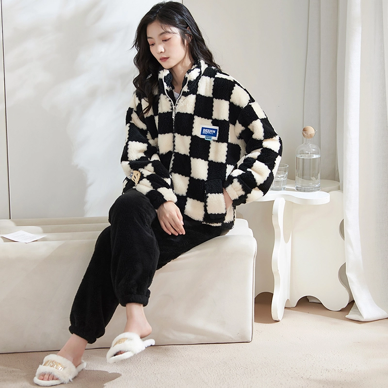 小情歌 家居服睡衣 珊瑚绒保暖睡衣女秋冬家居服女冬季大码长袖长裤女士连帽家居套装 女款 黑白格子