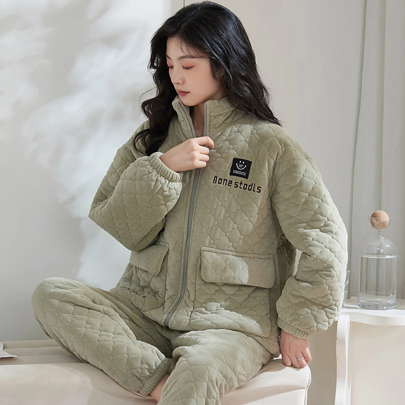 小情歌 糯叽叽的超厚珊瑚绒三层加厚夹棉保暖睡衣女秋冬家居服女冬季长袖长裤女士高领可外穿家居套装 女款 灰绿色