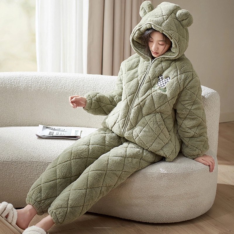 小情歌 家居服睡衣 珊瑚绒三层加绒加厚夹棉保暖睡衣女秋冬家居服女冬季长袖长裤女士家居套装 女款 抹茶色