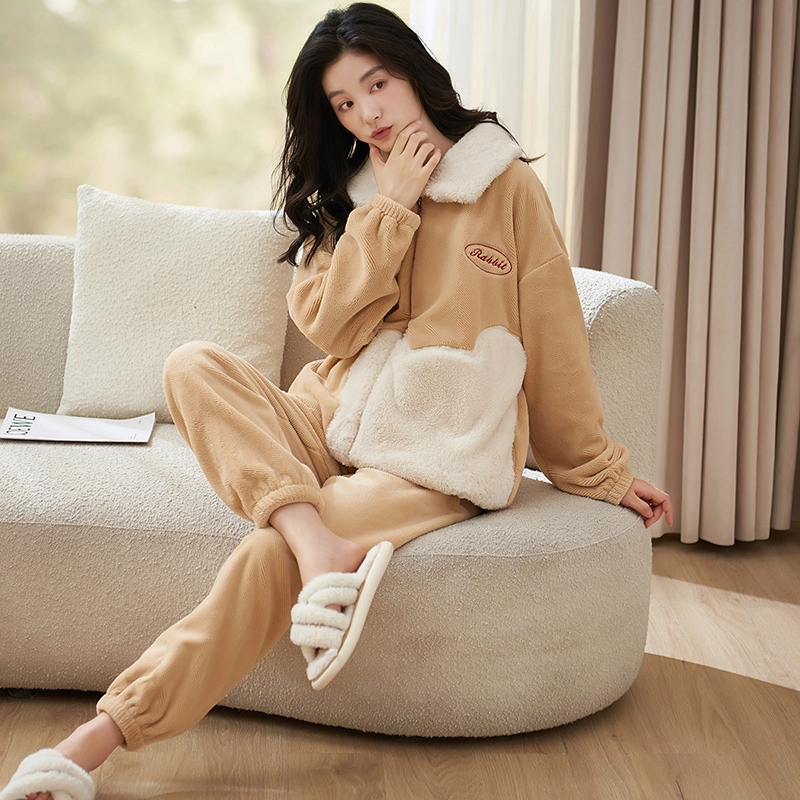 小情歌 家居服睡衣 珊瑚绒保暖睡衣女秋冬家居服女冬季大码长袖长裤女士可爱风家居套装 女款 橘色