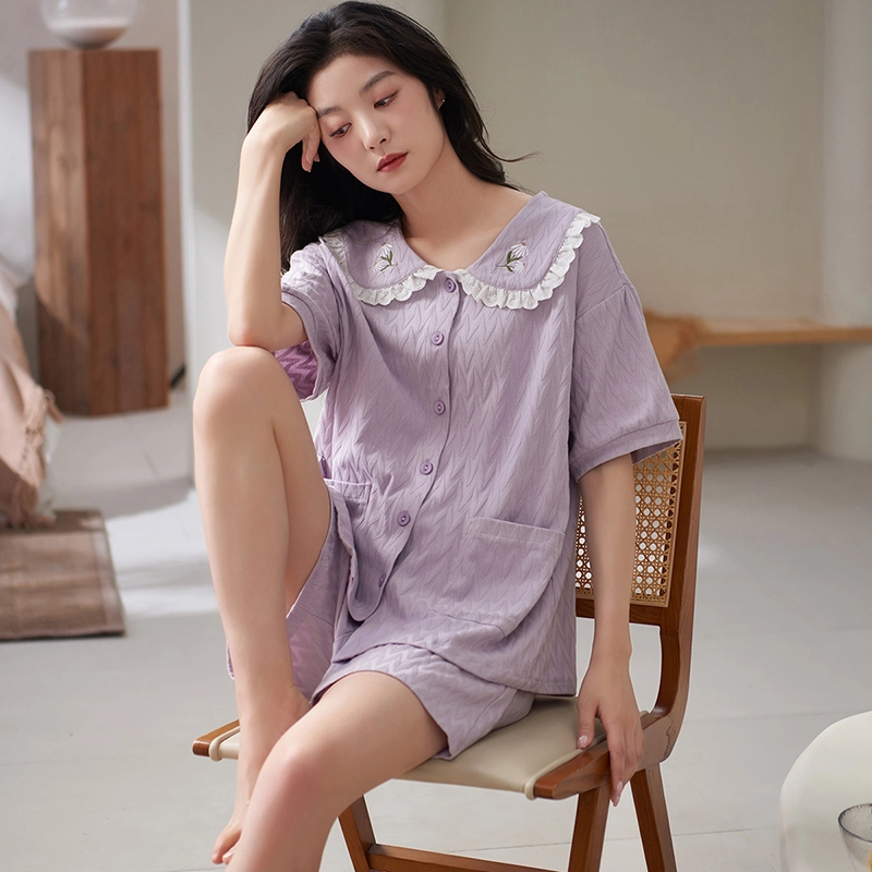 小情歌 简约休闲家居服舒适短袖短裤睡衣套装 女款 浅紫色