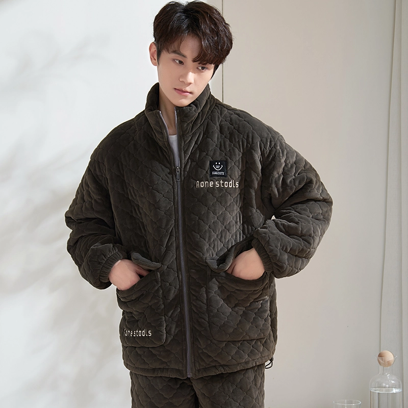 小情歌 糯叽叽的超厚珊瑚绒三层夹棉加厚保暖睡衣男秋冬家居服男冬季长袖长裤男士高领可外穿家居套装 男款 黑色