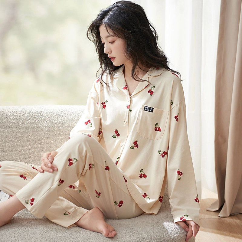 小情歌 家居服睡衣 纯棉睡衣女春秋季家居服女春秋款长袖长裤宽松套装设计 女款 米白色 家居套装