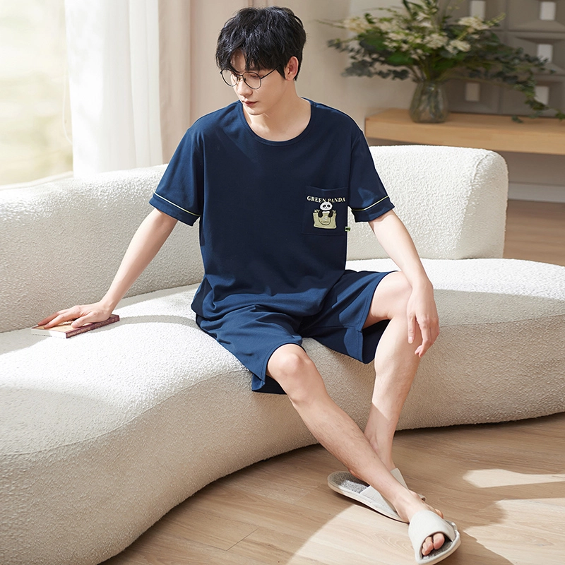 小情歌 家居服睡衣 纯棉睡衣男夏季款短袖短裤家居套装 胸前口袋装饰设计 男款 藏青色