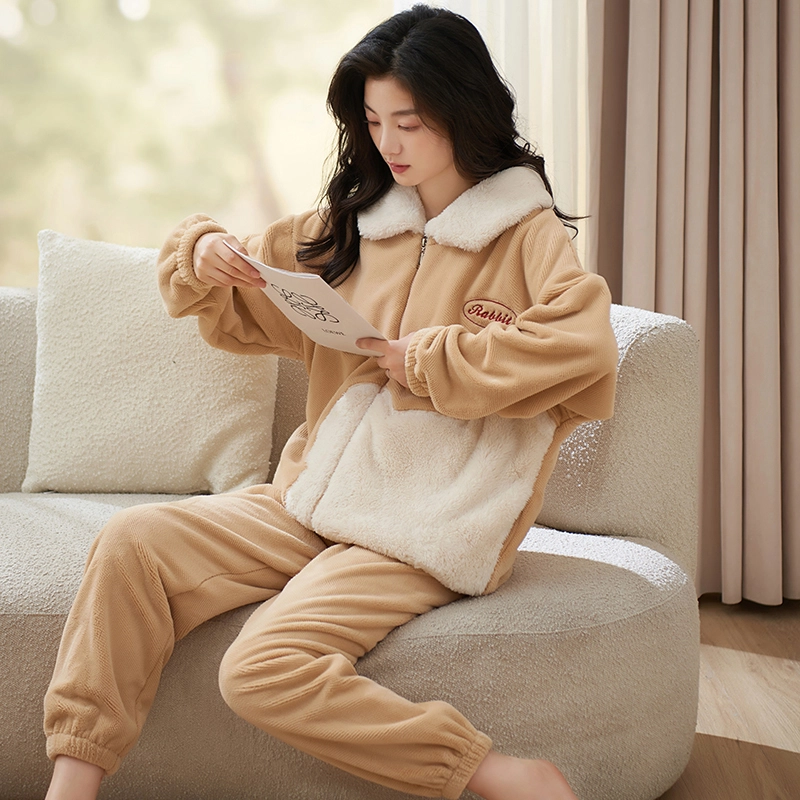 小情歌 家居服睡衣 珊瑚绒保暖睡衣女秋冬家居服女冬季大码长袖长裤女士可爱风家居套装 女款 橘色