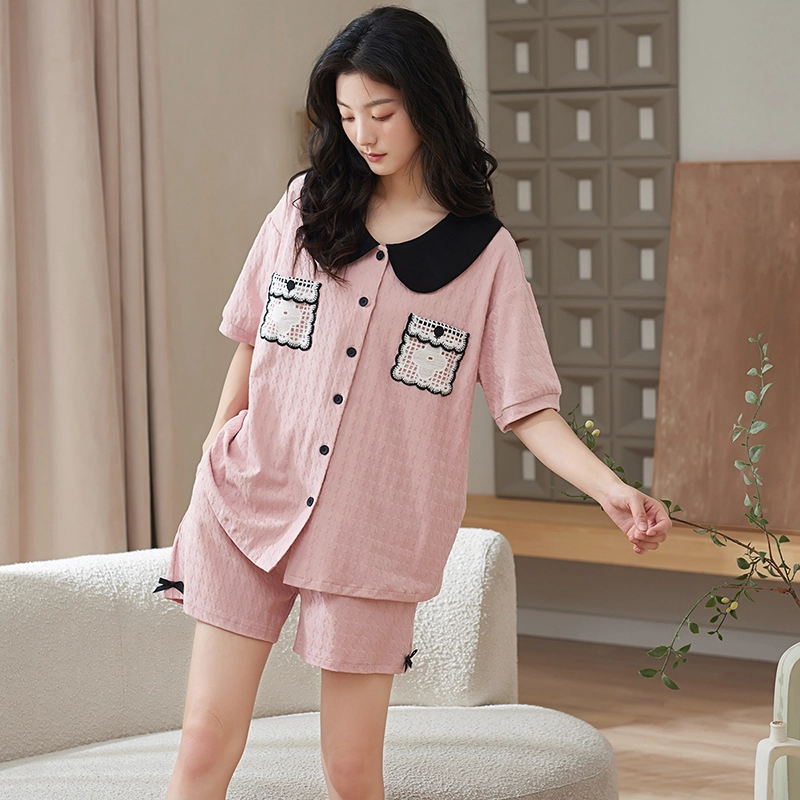 小情歌 家居服睡衣 短袖短裤睡衣女夏季家居服女夏款纯棉家居套装 千鸟格压纹双口袋设计 女款 粉红色
