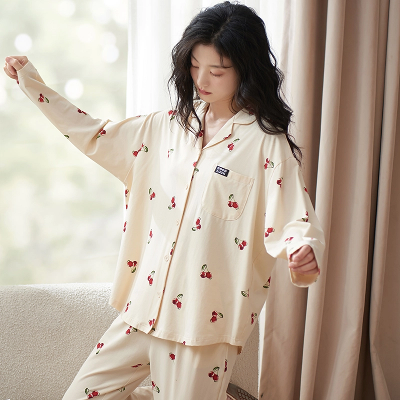 小情歌 家居服睡衣 纯棉睡衣女春秋季家居服女春秋款长袖长裤宽松套装设计 女款 米白色 家居套装