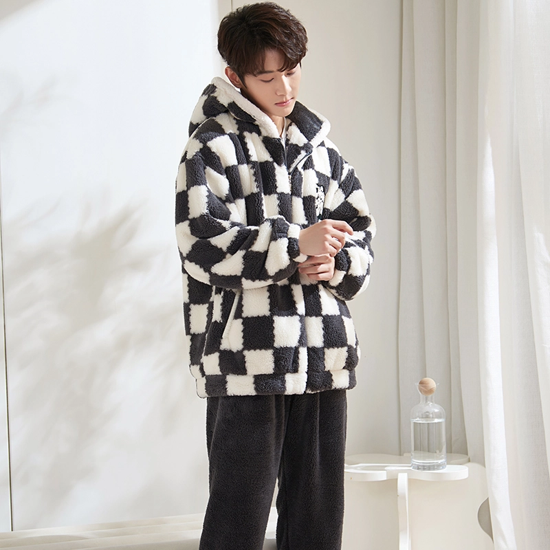 小情歌 家居服睡衣 珊瑚绒保暖睡衣男秋冬家居服男冬季大码长袖长裤男士连帽家居套装 男款 黑白格