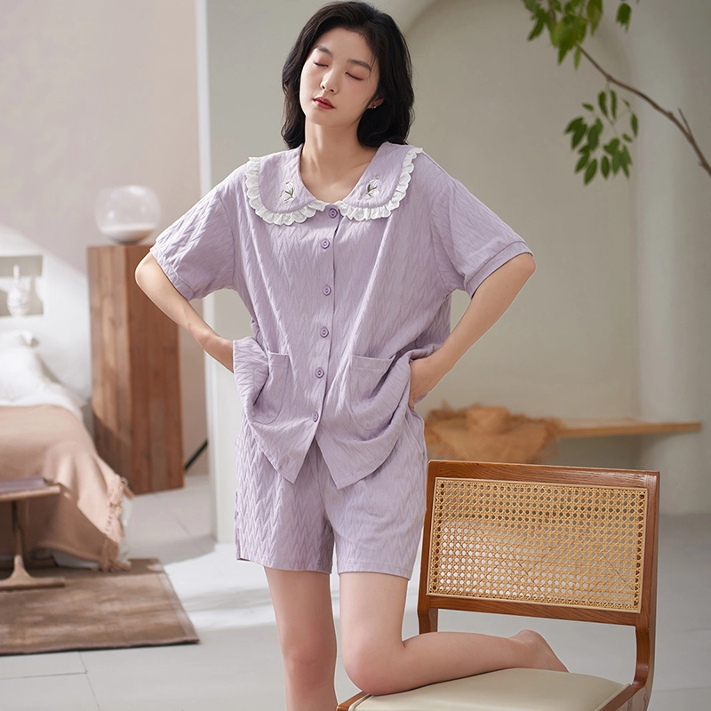 小情歌 简约休闲家居服舒适短袖短裤睡衣套装 女款 浅紫色