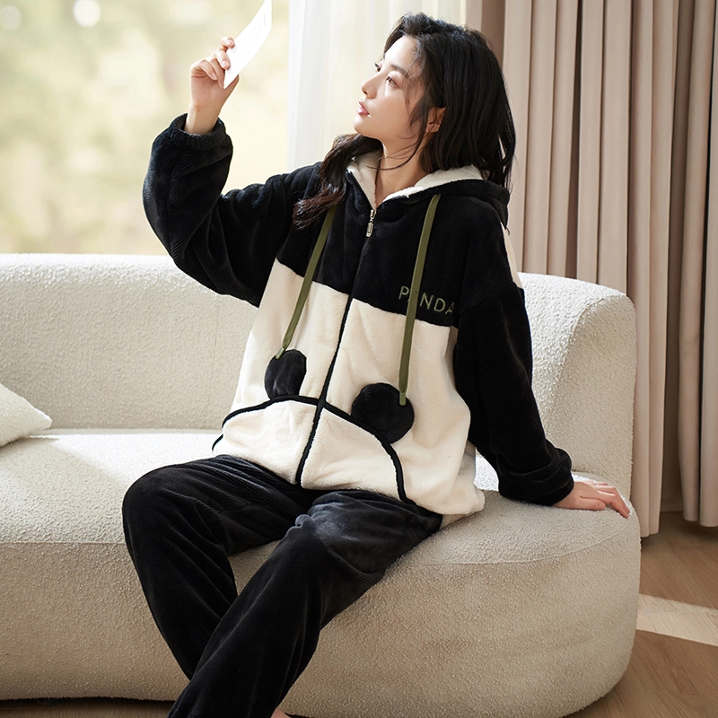小情歌 家居服睡衣 珊瑚绒保暖睡衣女秋冬家居服女冬季大码长袖长裤女士连帽家居套装 女款 黑白拼接