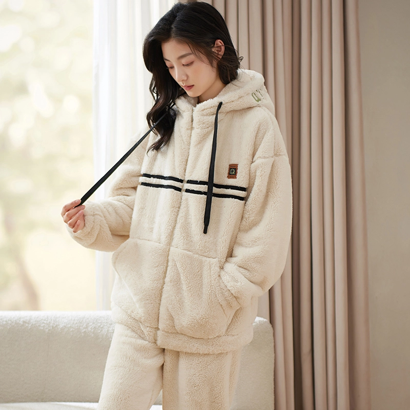 小情歌 家居服睡衣 珊瑚绒保暖睡衣女秋冬家居服女冬季大码长袖长裤女士线条设计连帽家居套装 女款 奶白色