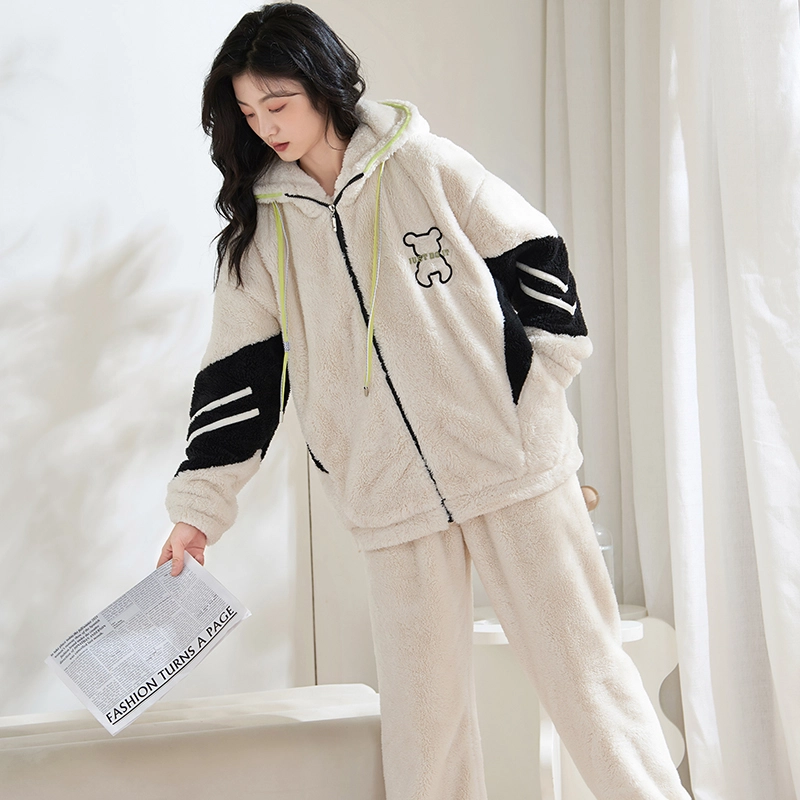 小情歌 家居服睡衣 珊瑚绒保暖睡衣女秋冬家居服女冬季大码长袖长裤女士连帽家居套装 女款 黑白拼色