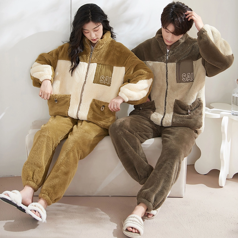 小情歌 家居服睡衣 珊瑚绒保暖睡衣女秋冬家居服男冬季高领长袖长裤女士男士家居套装 情侣款 亚麻色+褐色