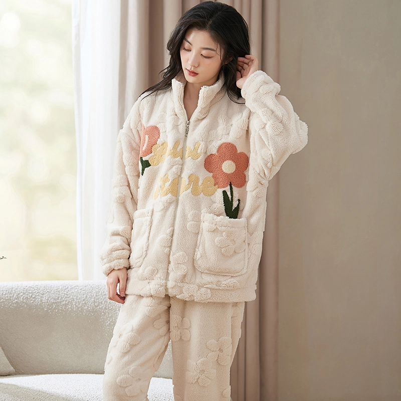 小情歌 家居服睡衣 珊瑚绒保暖睡衣女秋冬家居服女冬季大码长袖长裤女士小清新风花朵设计家居套装 女款 米白色
