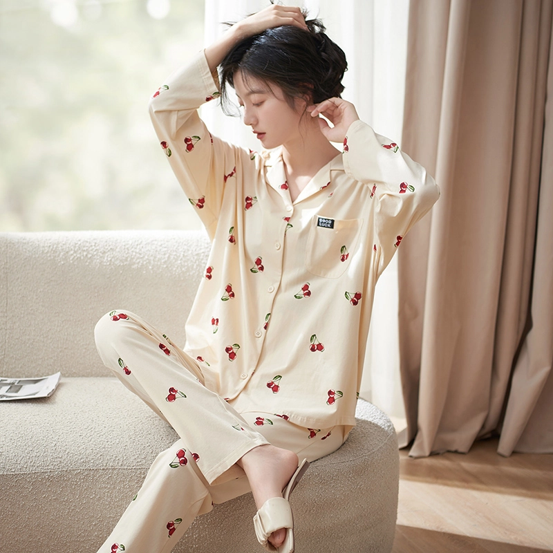 小情歌 家居服睡衣 纯棉睡衣女春秋季家居服女春秋款长袖长裤宽松套装设计 女款 米白色 家居套装