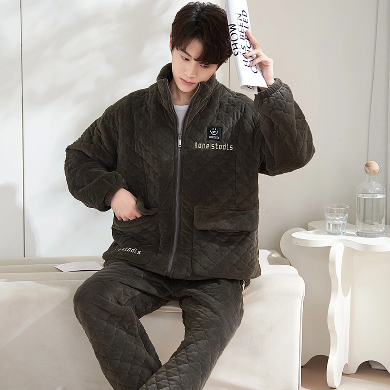 小情歌 糯叽叽的超厚珊瑚绒三层夹棉加厚保暖睡衣男秋冬家居服男冬季长袖长裤男士高领可外穿家居套装 男款 黑色