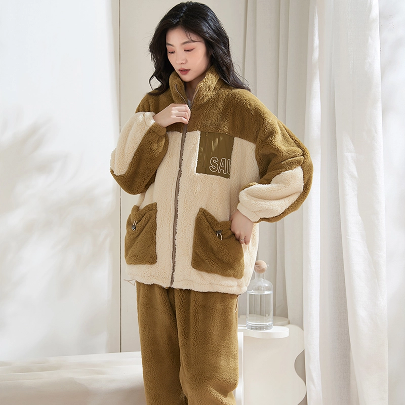 小情歌 家居服睡衣 珊瑚绒保暖睡衣女秋冬家居服女冬季高领长袖长裤女士家居套装 女款 亚麻色