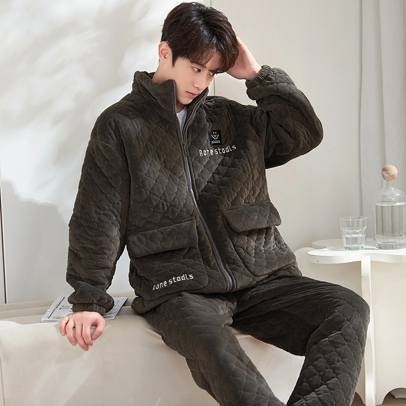 小情歌 糯叽叽的超厚珊瑚绒三层夹棉加厚保暖睡衣男秋冬家居服男冬季长袖长裤男士高领可外穿家居套装 男款 黑色