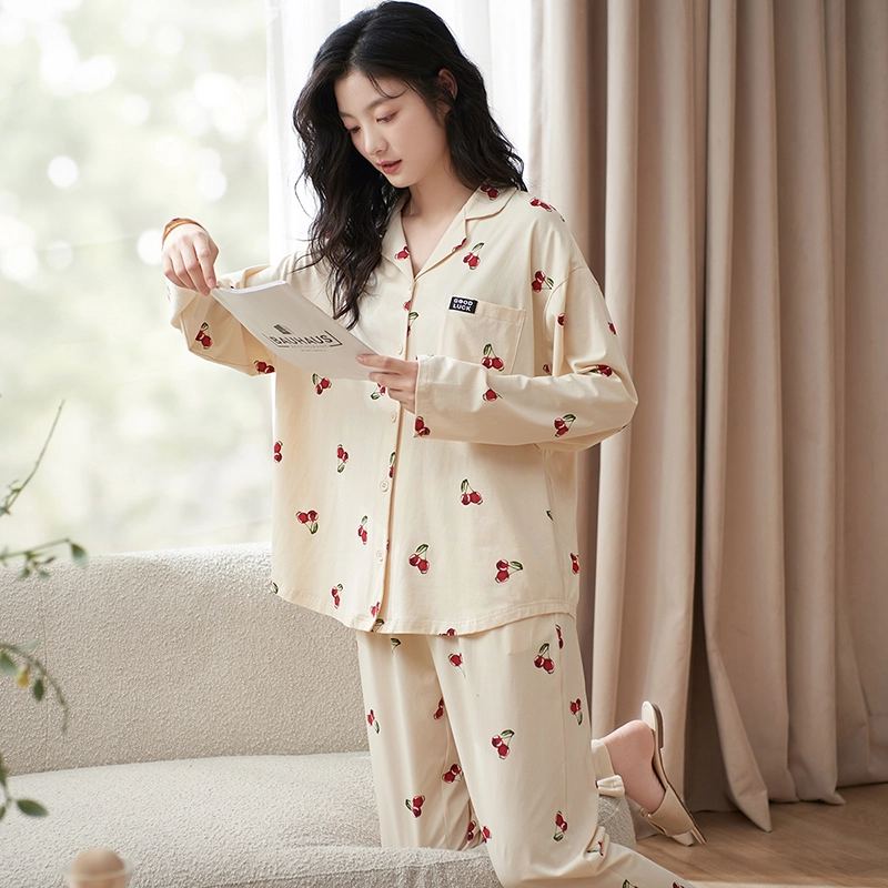 小情歌 家居服睡衣 纯棉睡衣女春秋季家居服女春秋款长袖长裤宽松套装设计 女款 米白色 家居套装