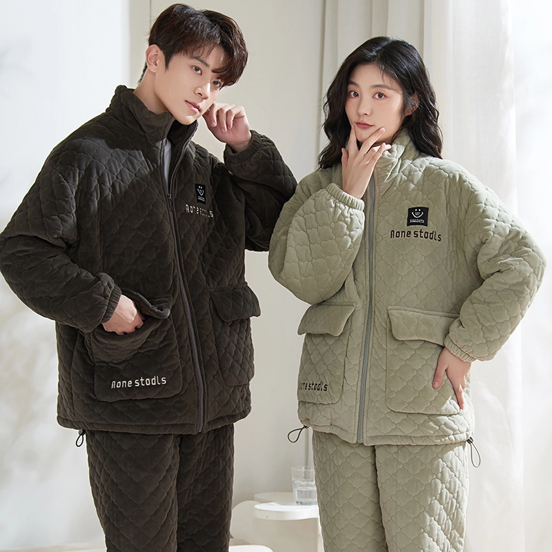 小情歌 糯叽叽的超厚珊瑚绒三层加厚夹棉保暖睡衣男秋冬家居服女冬季长袖长裤女士男士高领可外穿家居套装 情侣款 灰绿色+黑色