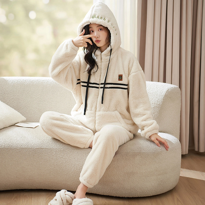 小情歌 家居服睡衣 珊瑚绒保暖睡衣女秋冬家居服女冬季大码长袖长裤女士线条设计连帽家居套装 女款 奶白色