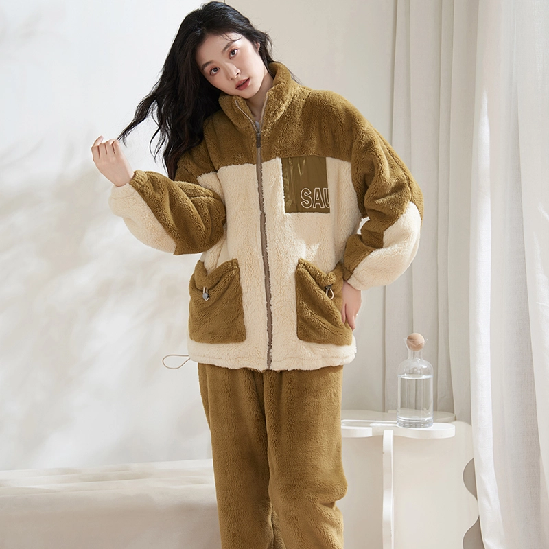 小情歌 家居服睡衣 珊瑚绒保暖睡衣女秋冬家居服女冬季高领长袖长裤女士家居套装 女款 亚麻色