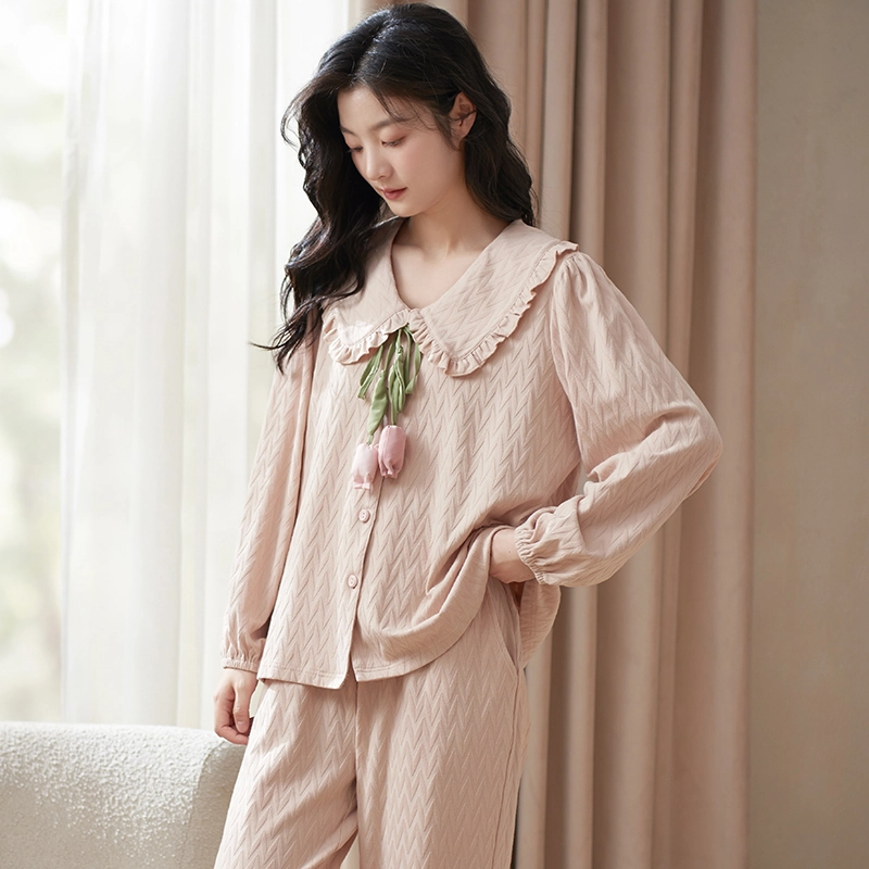 小情歌 家居服睡衣 纯棉睡衣女春秋季家居服女春秋款长袖长裤宽松家居套装设计 女款 粉红色