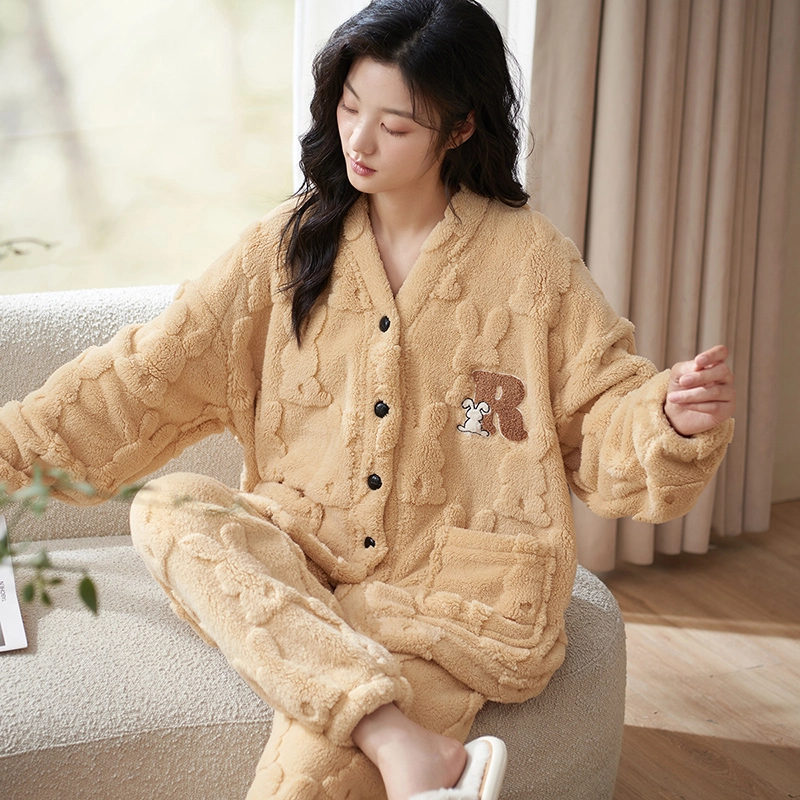 小情歌 家居服睡衣 珊瑚绒保暖睡衣女秋冬家居服女冬季大码长袖长裤女士小清新风设计家居套装 女款 橘色