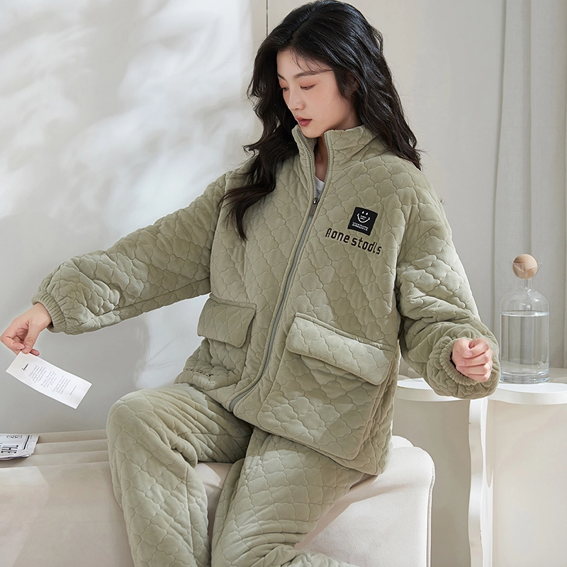 小情歌 糯叽叽的超厚珊瑚绒三层加厚夹棉保暖睡衣女秋冬家居服女冬季长袖长裤女士高领可外穿家居套装 女款 灰绿色