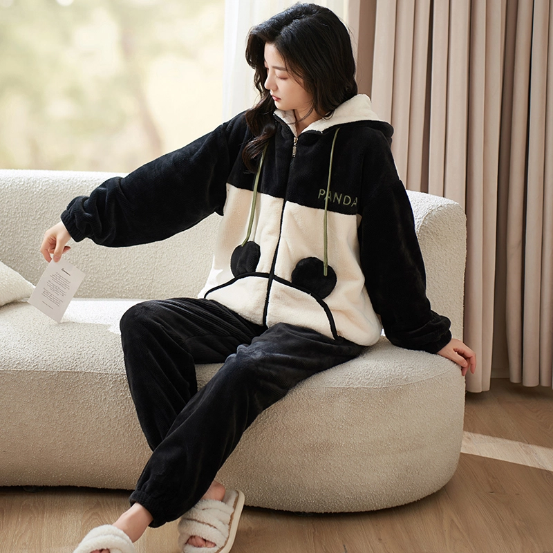 小情歌 家居服睡衣 珊瑚绒保暖睡衣女秋冬家居服女冬季大码长袖长裤女士连帽家居套装 女款 黑白拼接