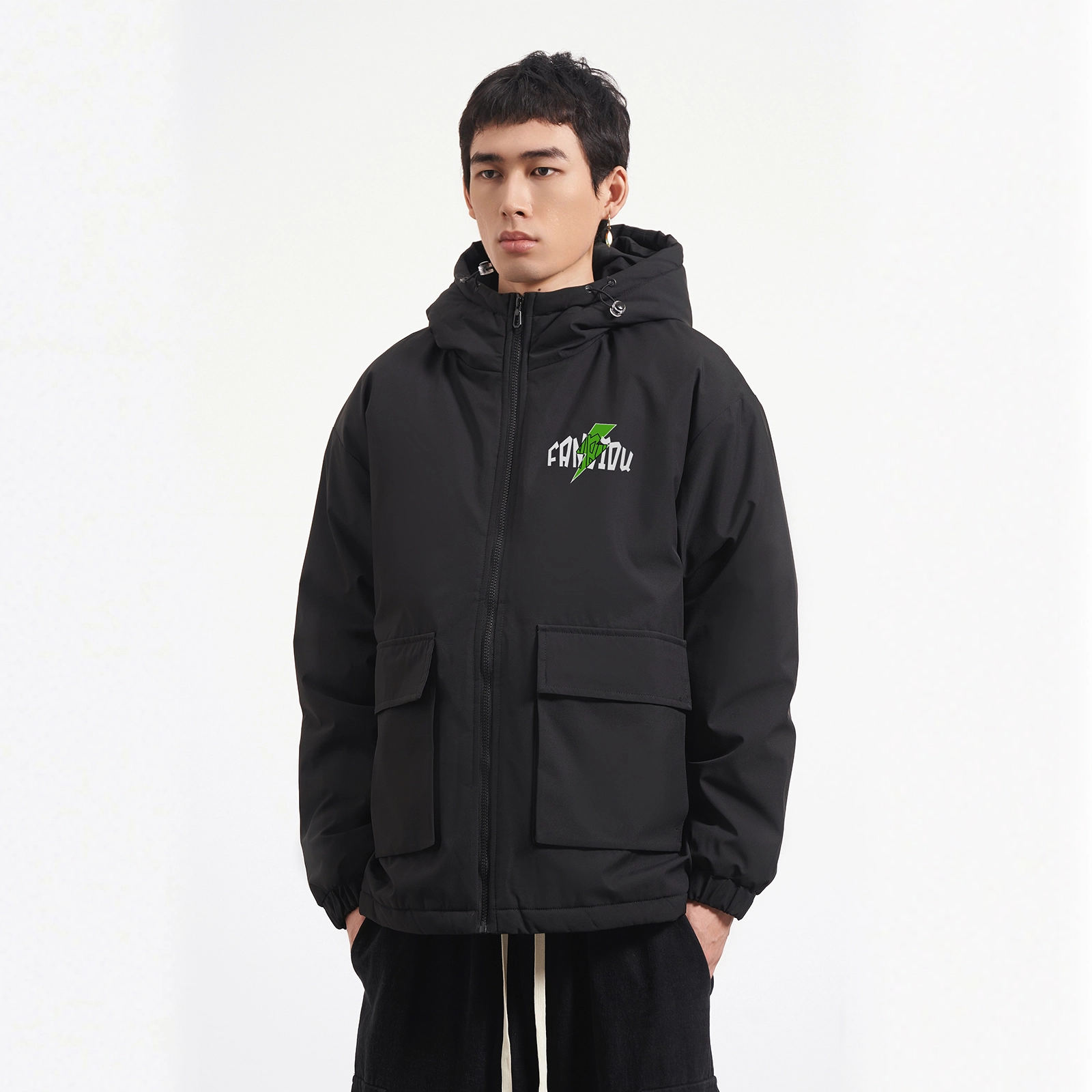 范比欧 美式复古闪电拼接防风连帽冲锋衣棉服 男女同款