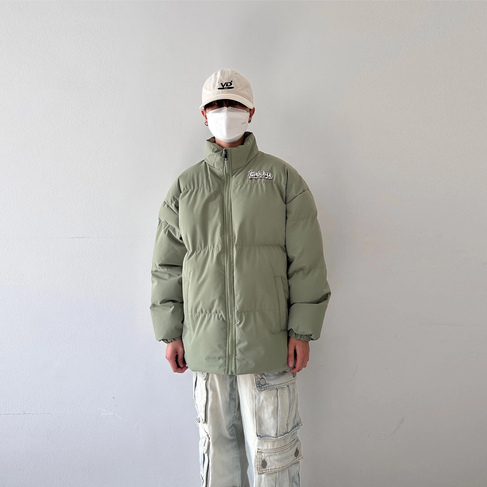 范比欧 美式立体字母印花休闲立领落肩拉链棉服 男女同款