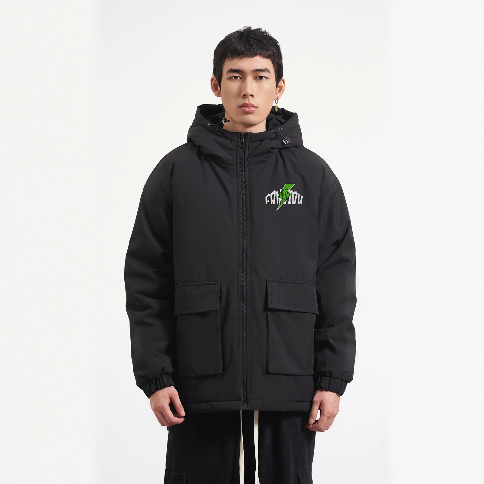 范比欧 美式复古闪电拼接防风连帽冲锋衣棉服 男女同款