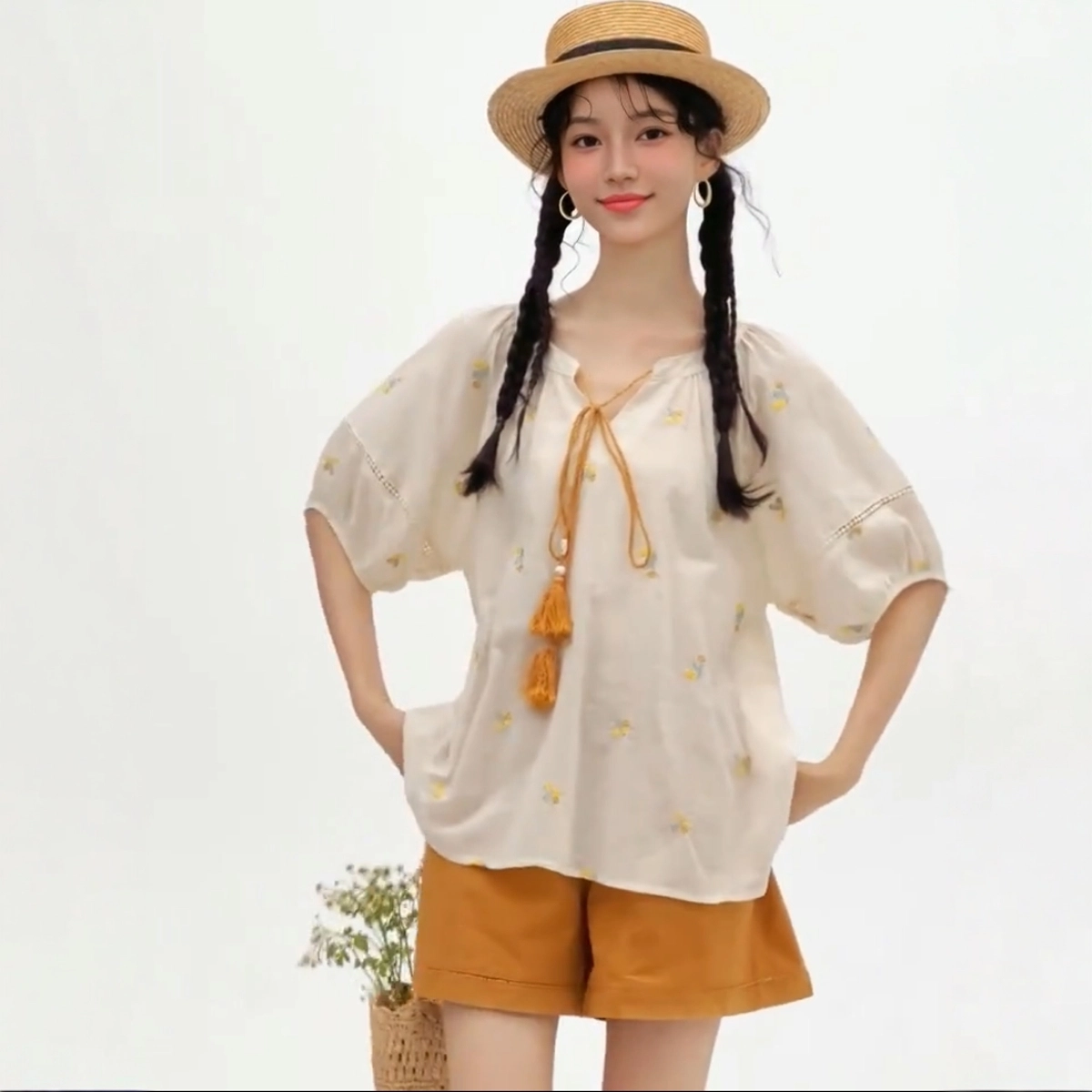 费尔岛上的猫 田园韩系气质碎花衬衫搭配简约短裤休闲套装 女款