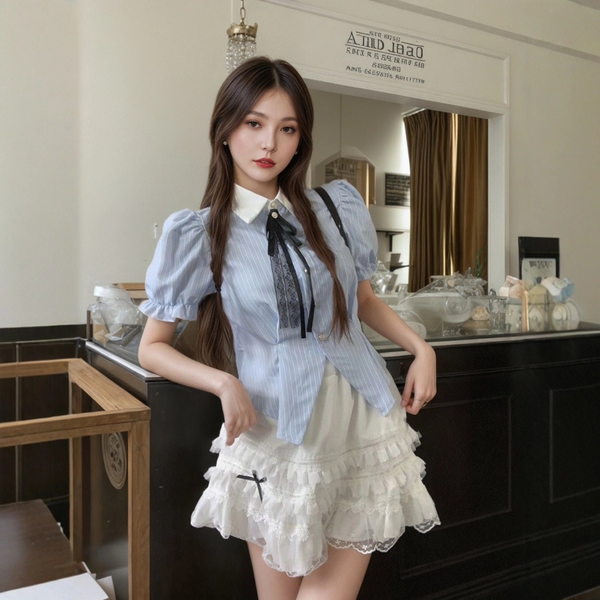 玉儿恋 高腰显瘦蛋糕半身裙时尚舒适学院风洋气领结条纹短袖上衣气质百搭裙子裙装套装 女款 两件套 蓝白色