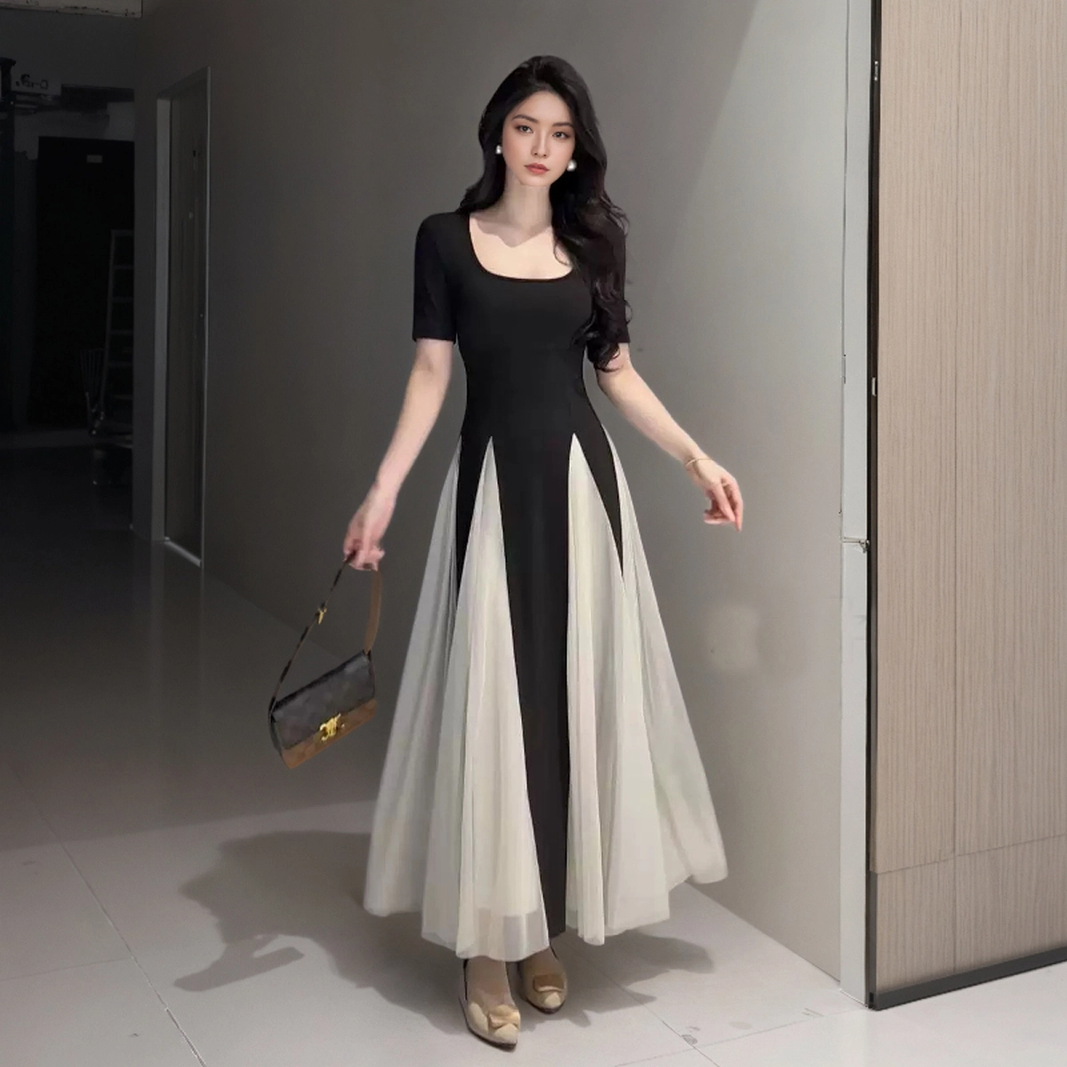 依钗 法式小众拼接撞色设计修身显瘦赫本风仙女长裙短袖连衣裙 女款