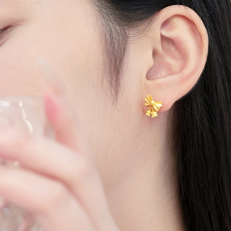 弗风树 欧美凤蝴蝶结铃兰花 足金 一口价 黄金耳钉 女款