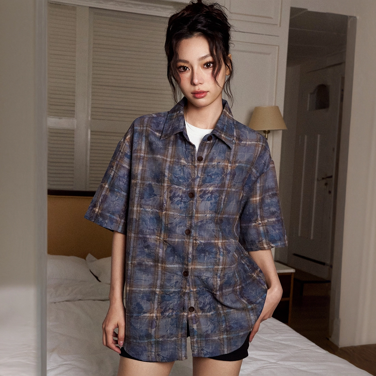 佐贝卡 宽松油画扎染褶皱感休闲格子短袖衬衫 女款 蓝咖