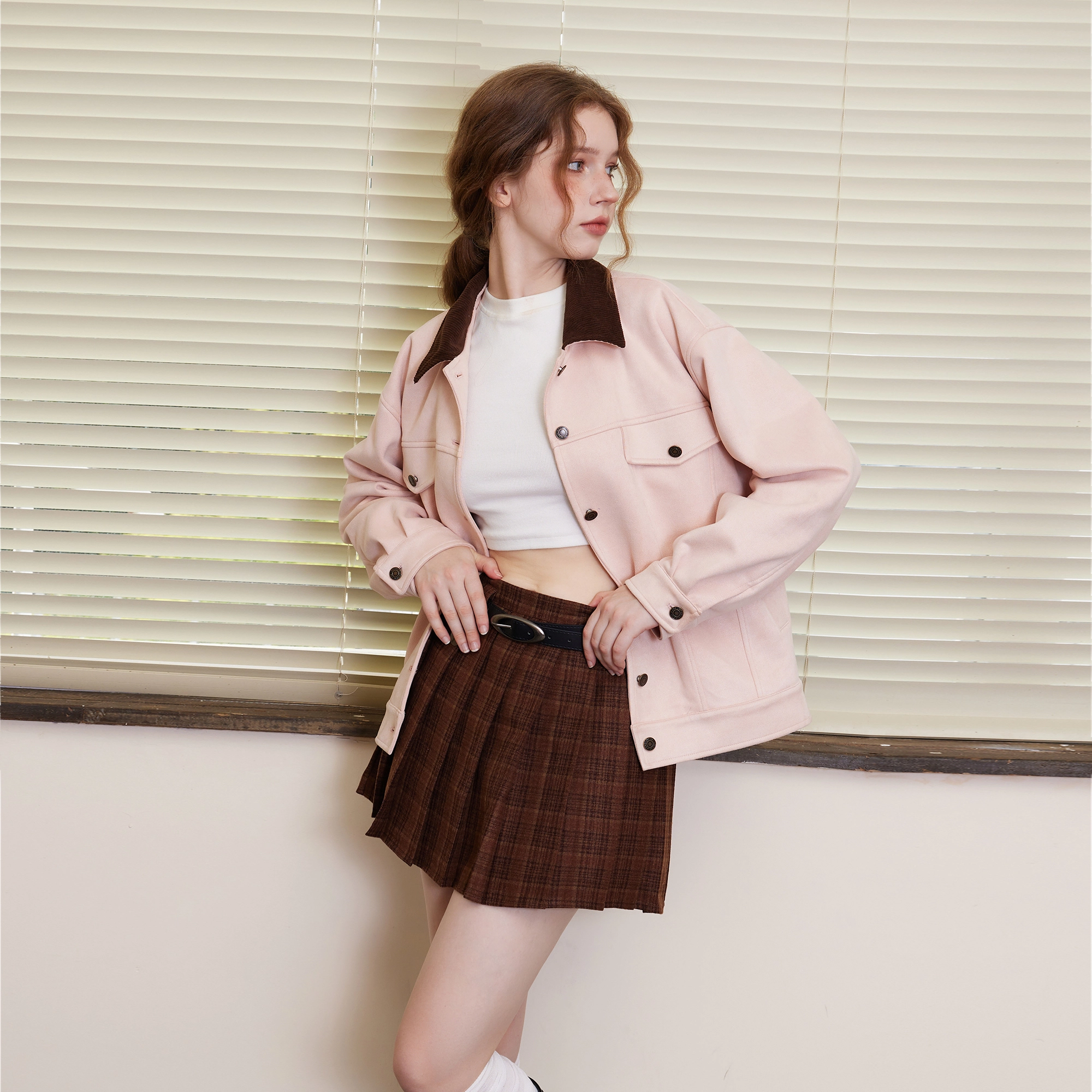 佐贝卡 麂皮绒韩版复古休闲宽松撞色长袖夹克外套 女款