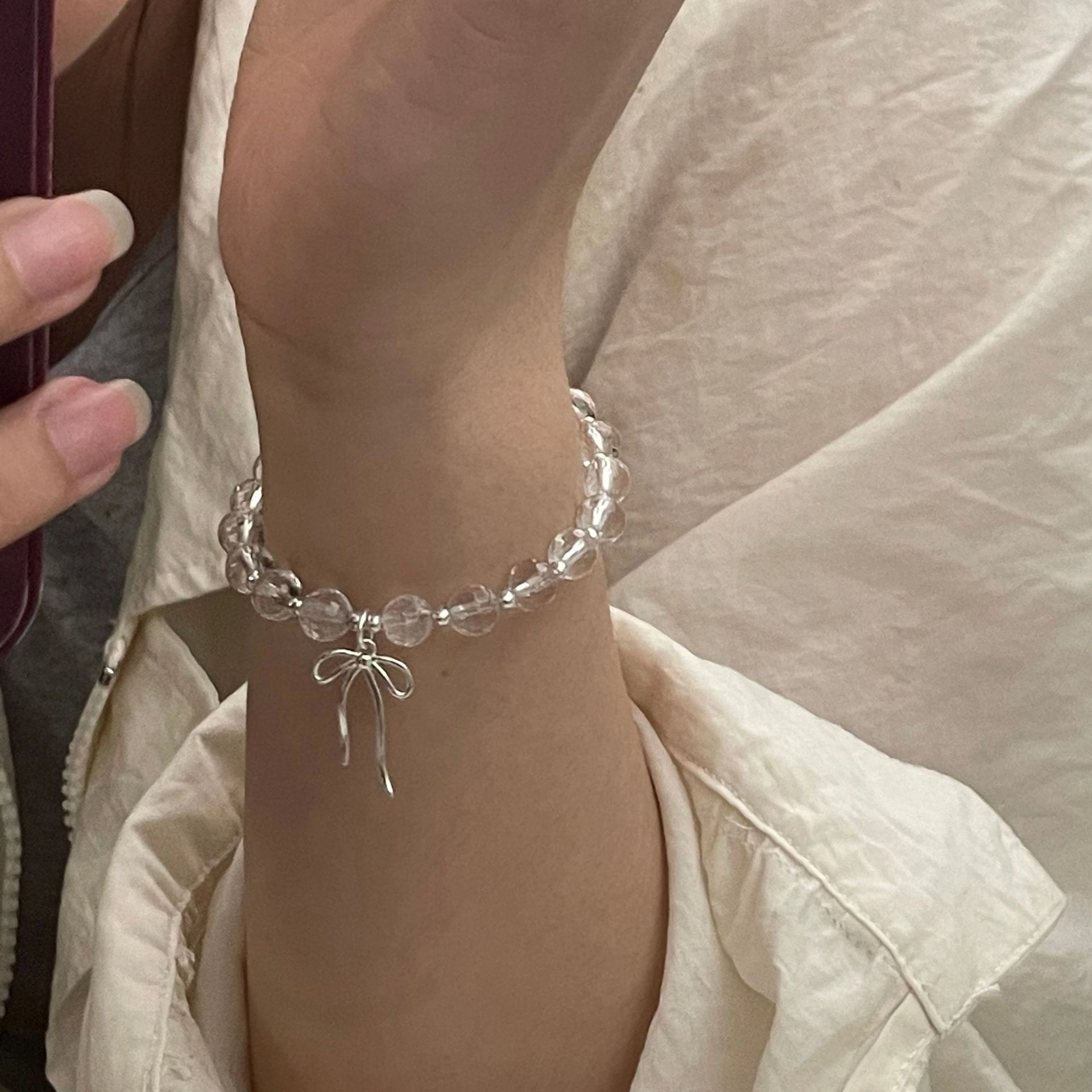 遇点 小清新蝴蝶结甜美 #好运高贵时髦复古小众精致优雅小饰品天然 白水晶 手链 女款