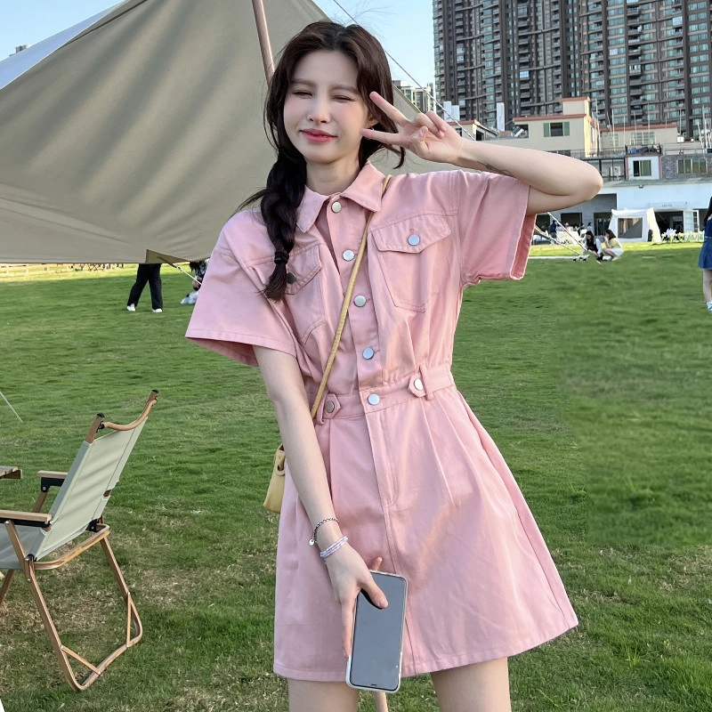轻迎 前后口袋拉链设计短袖连衣裙 女款