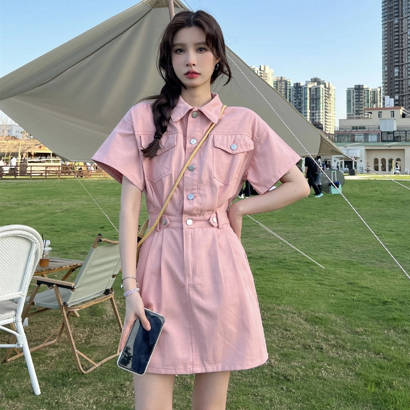 轻迎 前后口袋拉链设计短袖连衣裙 女款