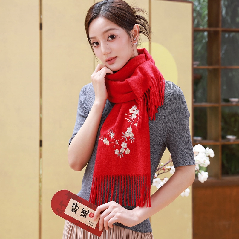 杭丝路 纯色刺绣花卉日常旗袍妈妈搭配简约 绵羊毛 绒线围巾 女款